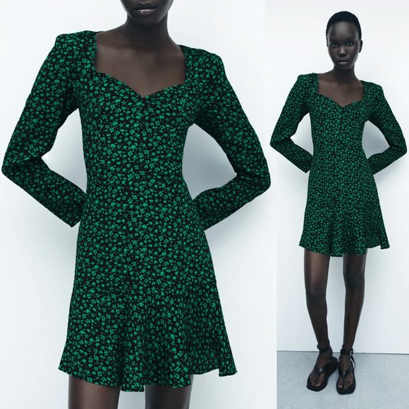 Zara Dresses & Skirts - NEW Zara Floral Print Sweetheart Neckline Long Sleeves Mini Dress Black Green S